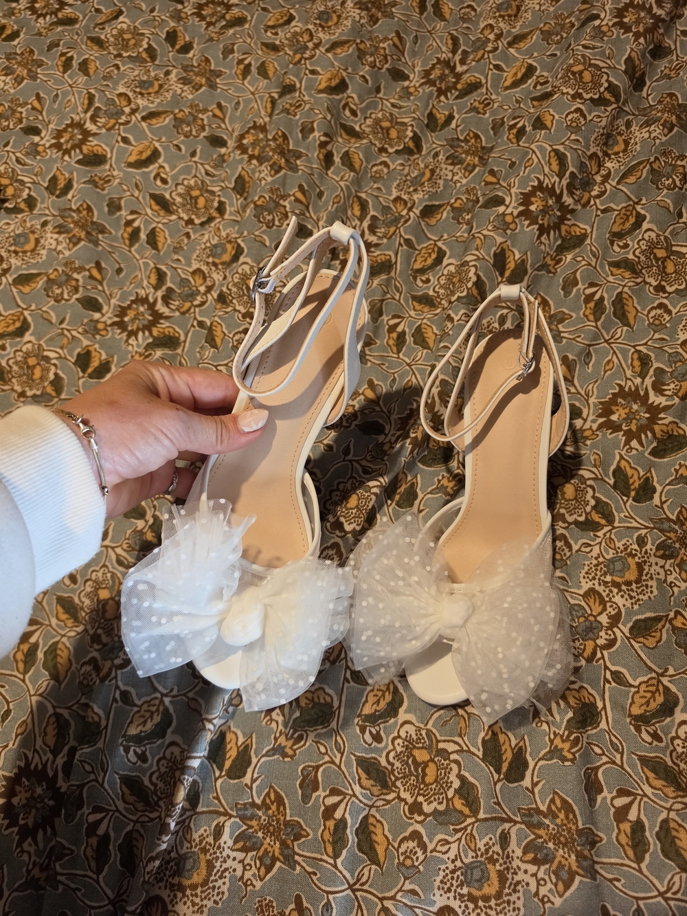 Women's White Bow Tulle Ankle-Strap Heels